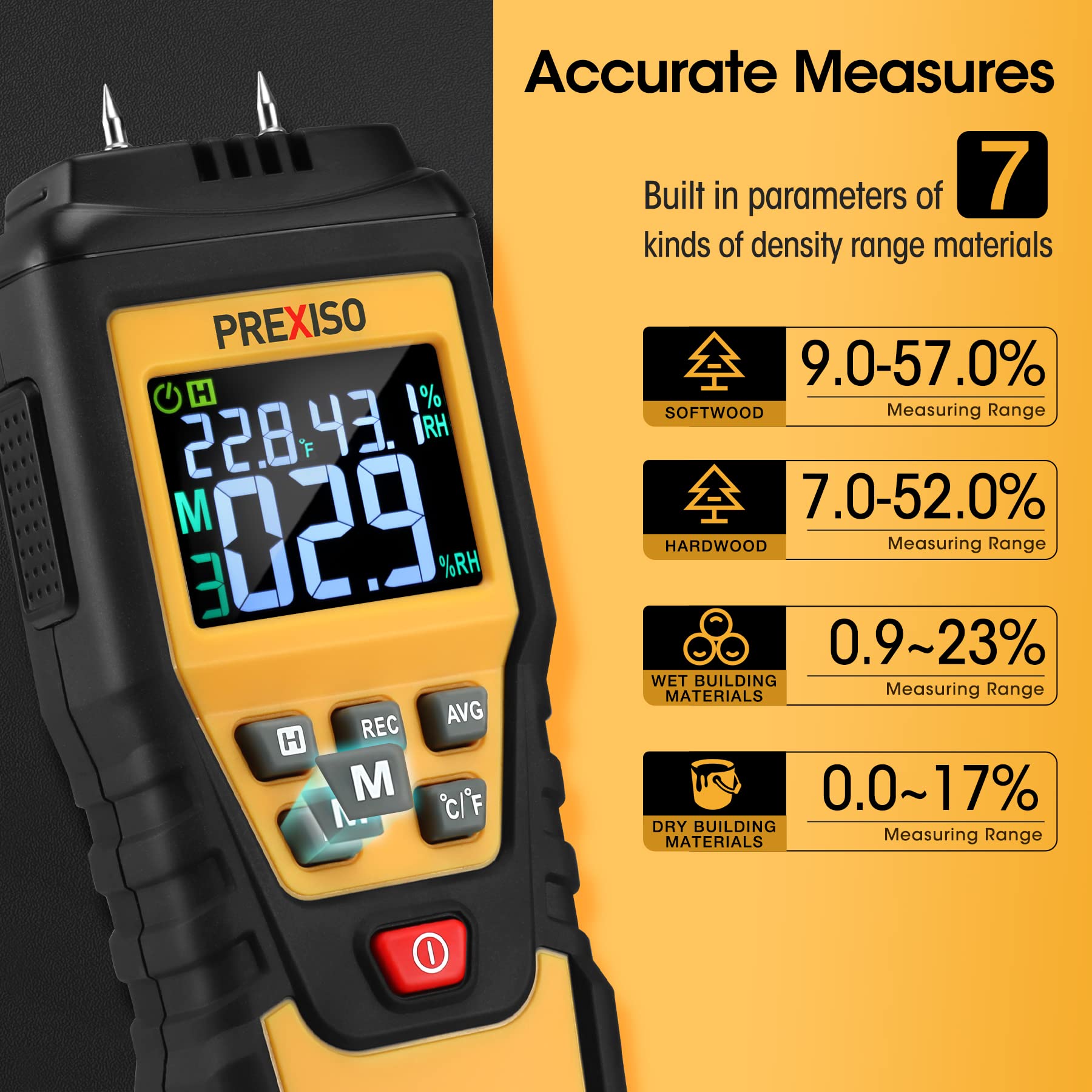 Prexiso moisture meter showing measurement modes for versatile testing