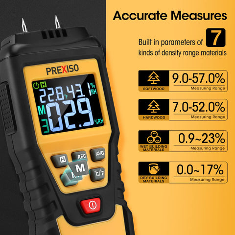 Prexiso moisture meter showing measurement modes for versatile testing