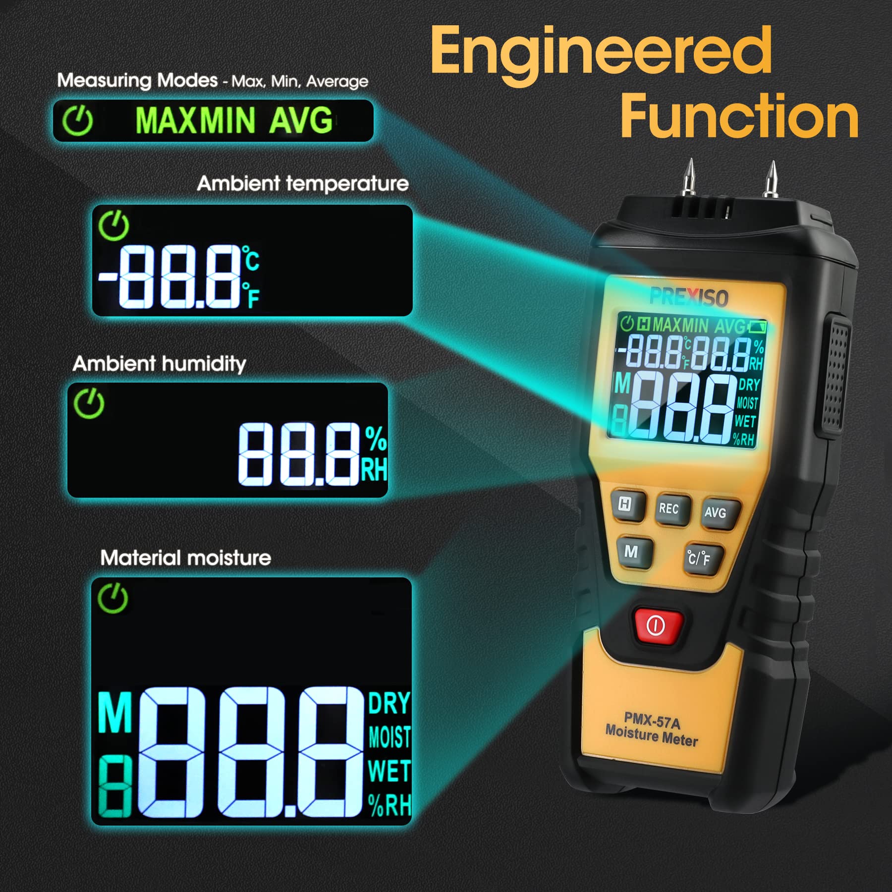Prexiso moisture meter with rubber grip for comfortable handling