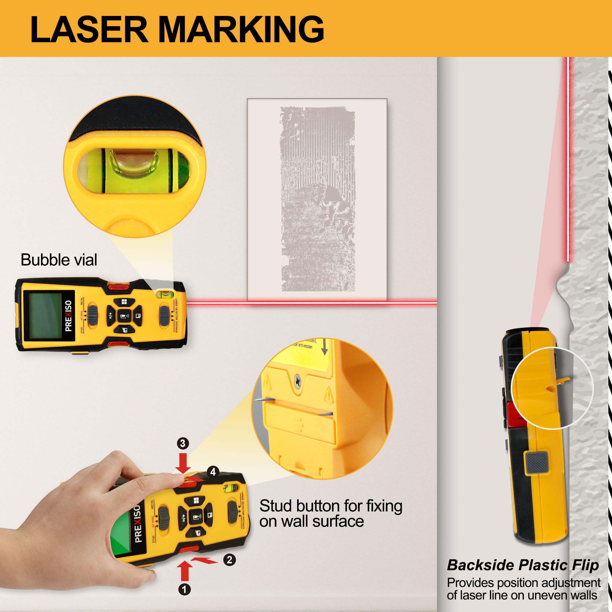 Prexiso wood stud detection helps locate wooden supports behind drywall.