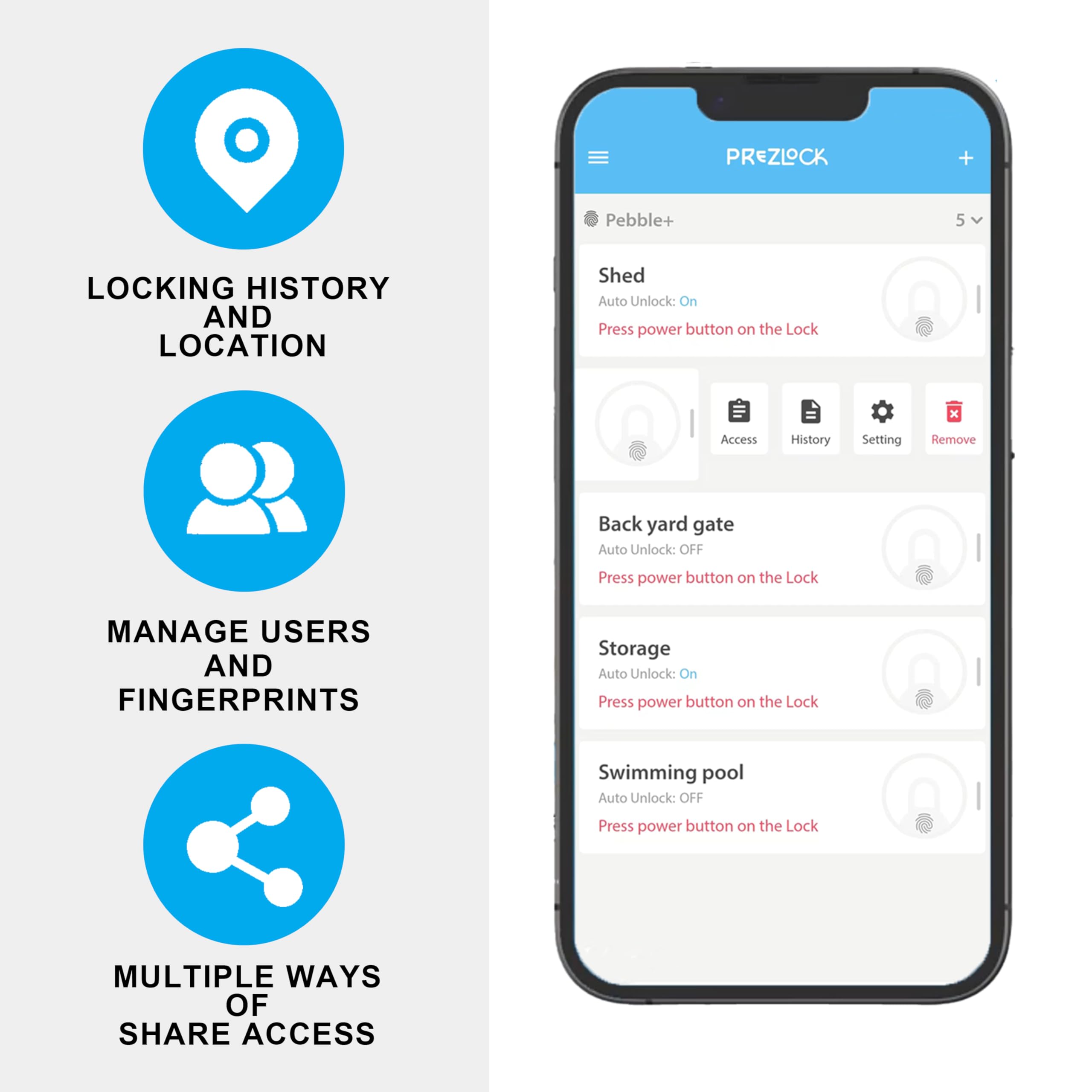 Prezlock app management interface for sharing access and viewing history.