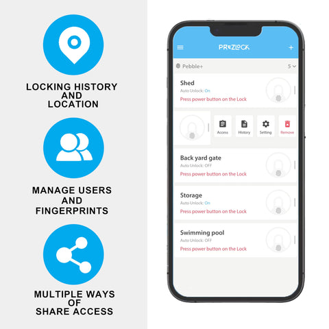 Prezlock app management interface for sharing access and viewing history.