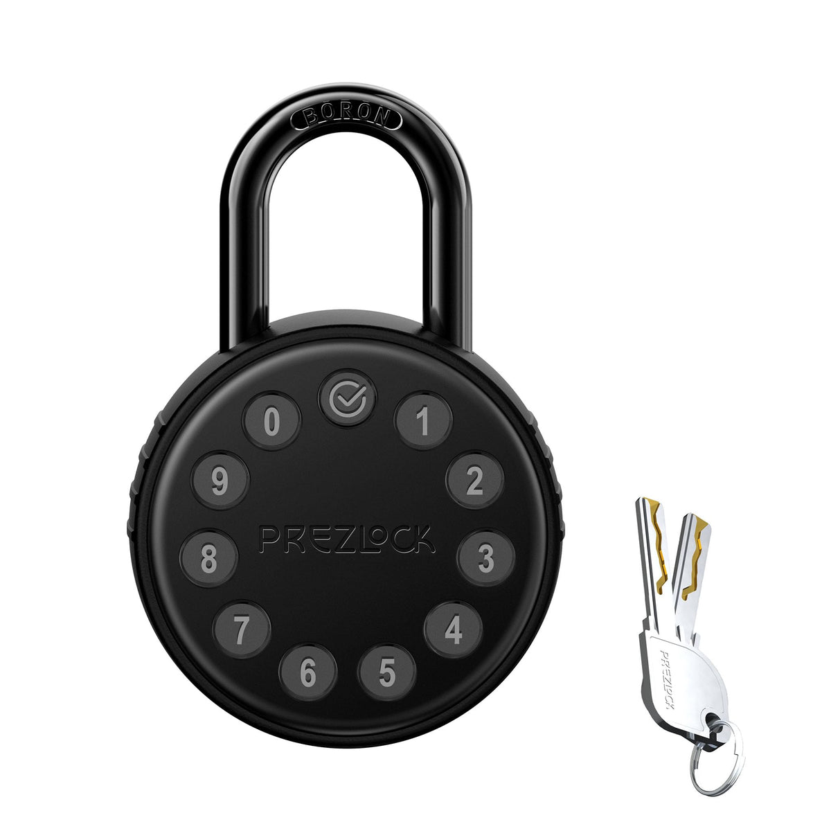 Prezlock electronic padlock front view showing keypad cover and durable shackle for outdoor security