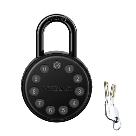 Prezlock electronic padlock front view showing keypad cover and durable shackle for outdoor security