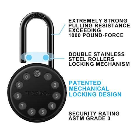 Prezlock electronic padlock with key backup for emergency access and quick reset