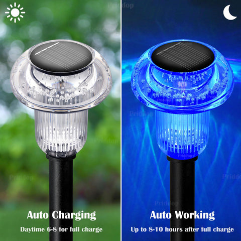 Priddop solar mushroom lights line a driveway with reliable, weatherproof glow.