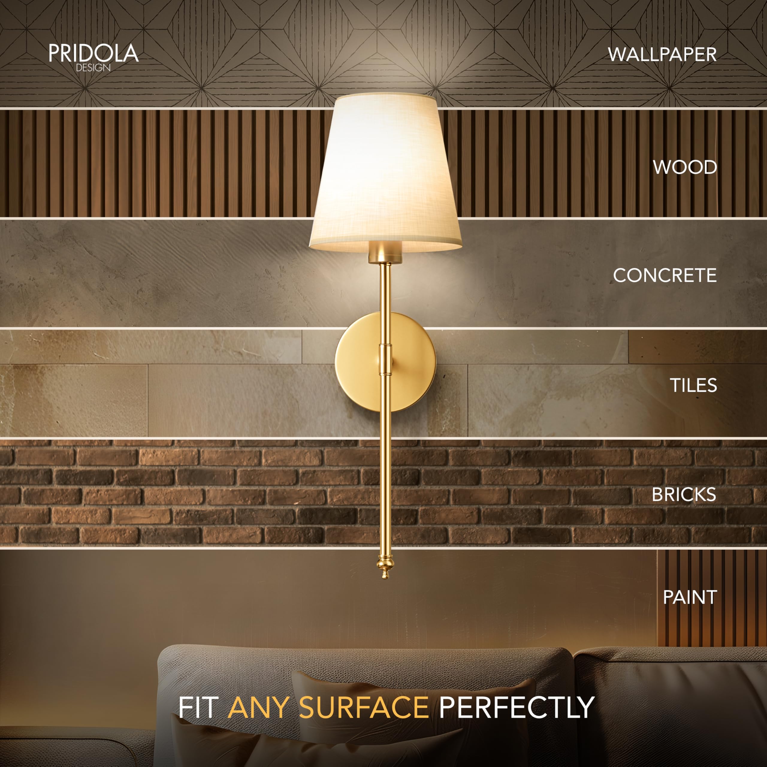 PRIDOLA living room setup with two sconces offers balanced, soft illumination