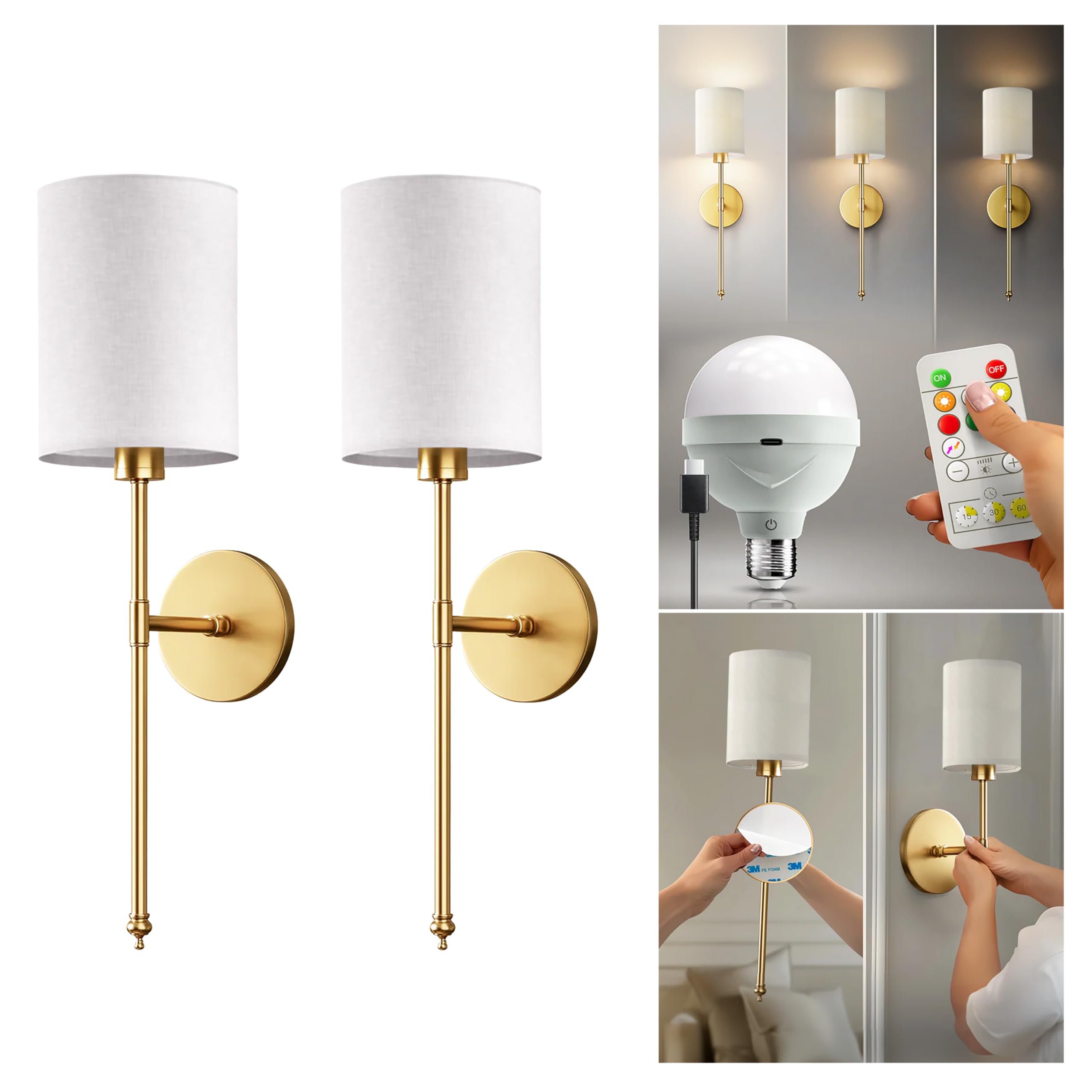 PRIDOLA set of 2 wireless wall sconces with adhesive mount for easy Elegant mounting