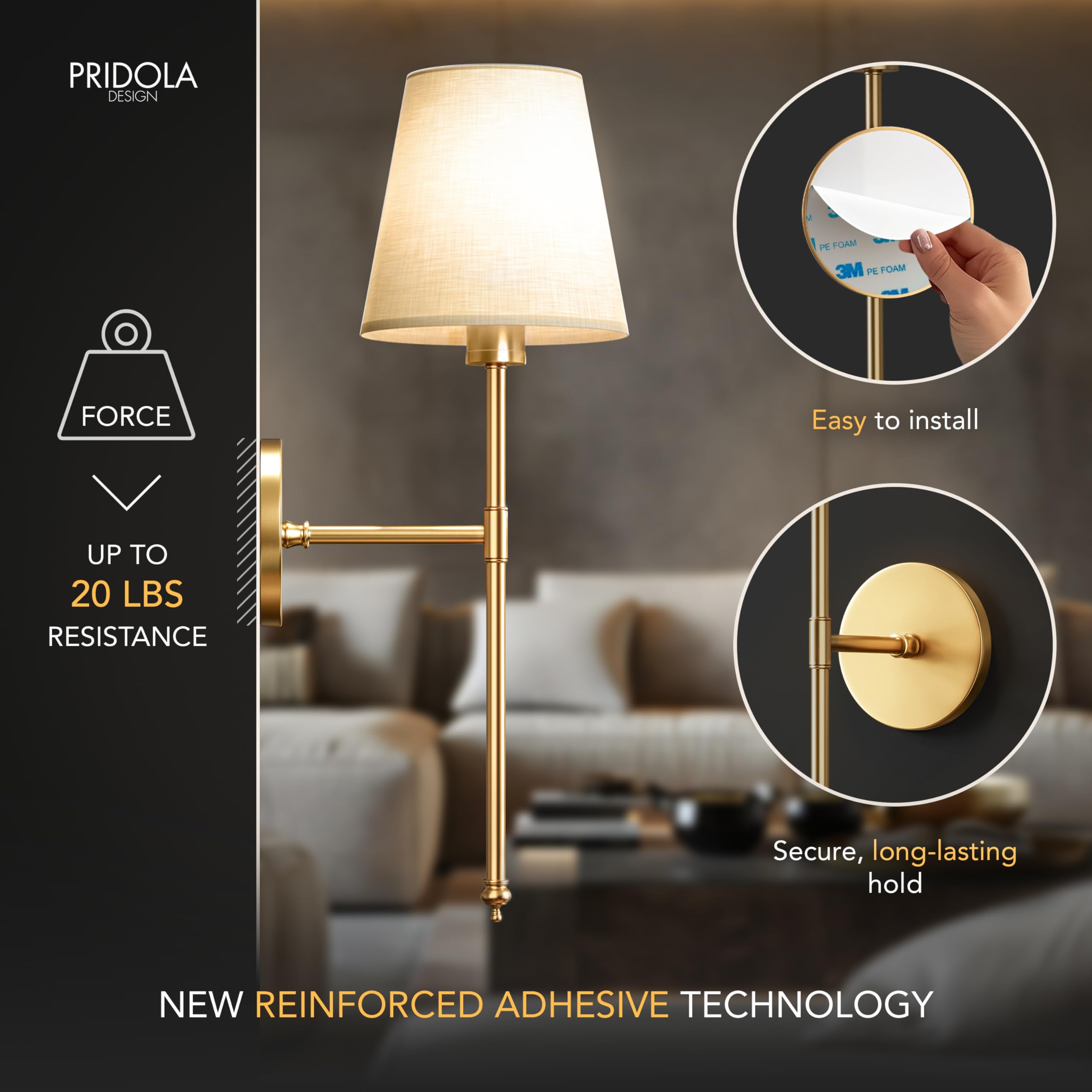 PRIDOLA stick-on wall sconce in gold enables quick drill-free setup