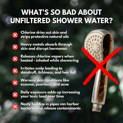 PRIMALS filtered shower head 15-stage filtration illustration suggests removal of contaminants