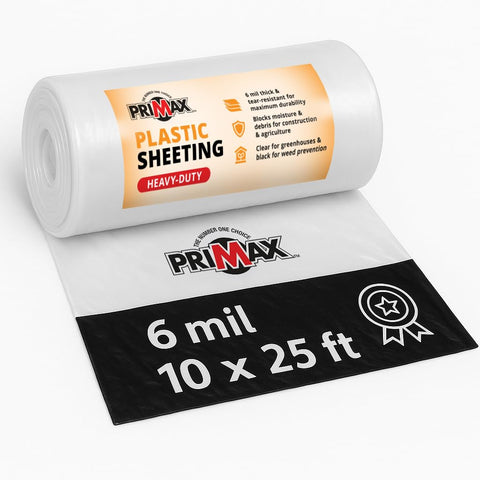PRIMAX plastic sheeting shields equipment with waterproof, UV-resistant protection for outdoor projects.