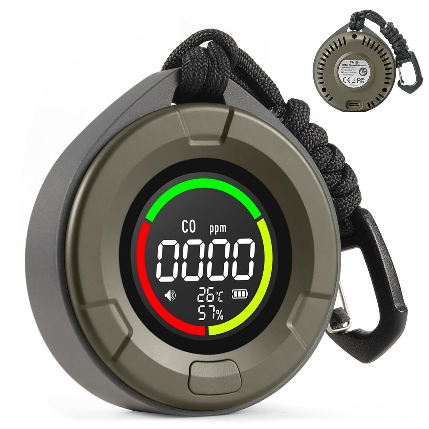 PRIMBARBER 3-in-1 travel CO detector front view with real-time air safety monitoring.
