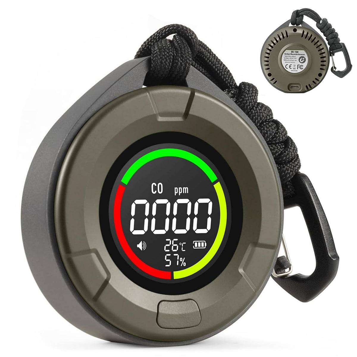 PRIMBARBER 3-in-1 travel CO detector front view with real-time air safety monitoring.