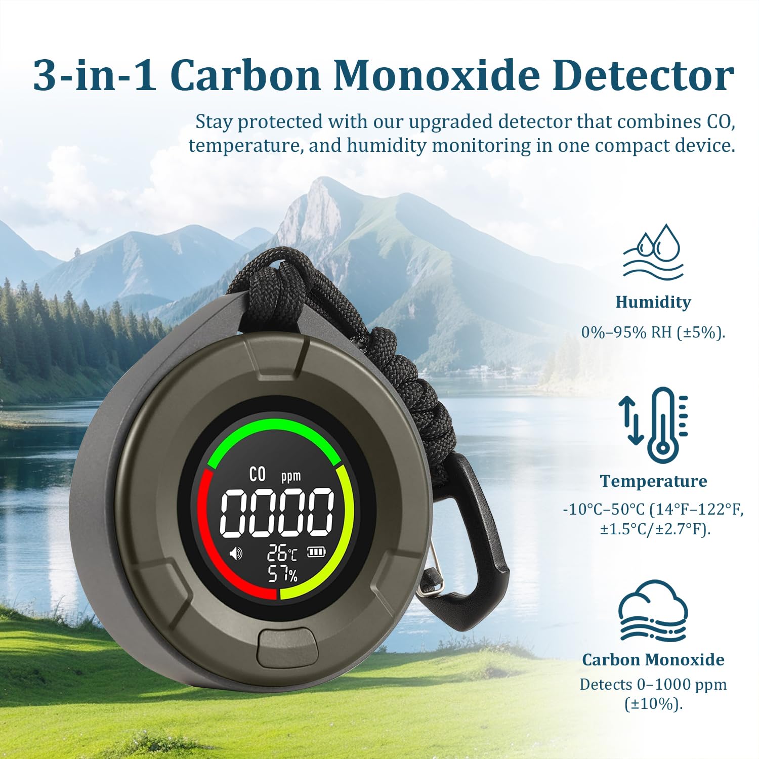 PRIMBARBER travel CO detector side display shows CO, temp, and humidity at a glance.