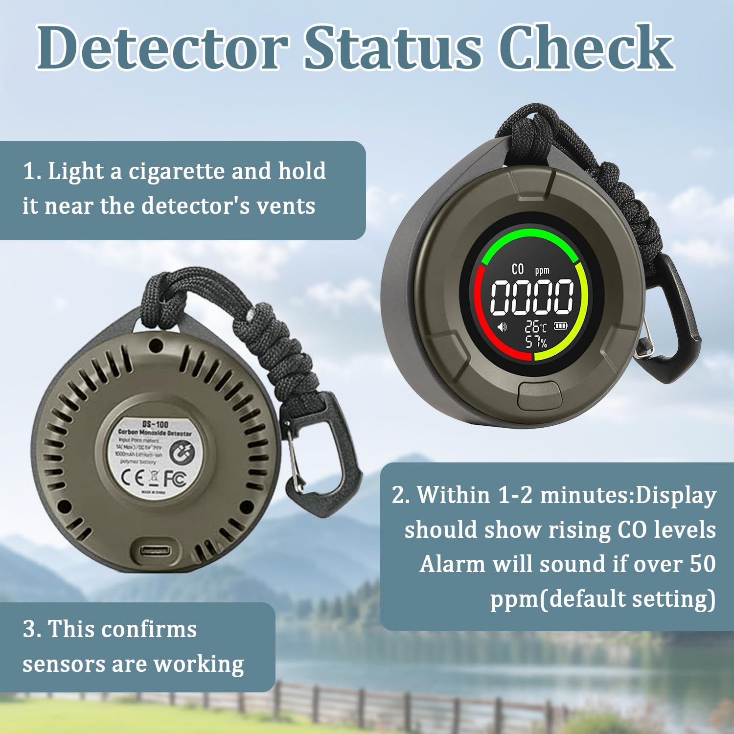 PRIMBARBER travel CO detector with lanyard enables hands-free use.