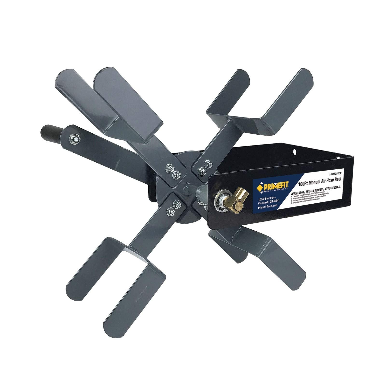 Primefit HRM38100 wall-mount reel showing sturdy steel build for organized space.