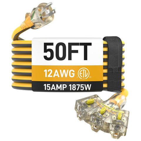 PRIMOWIRE 50ft outdoor extension cord with locking plug and LED indicator for reliable power.
