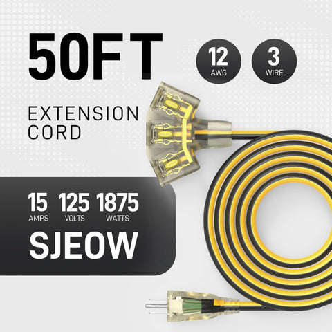 PRIMOWIRE 50ft extension cord with all weather SJEOW jacket protects against rain and oil.