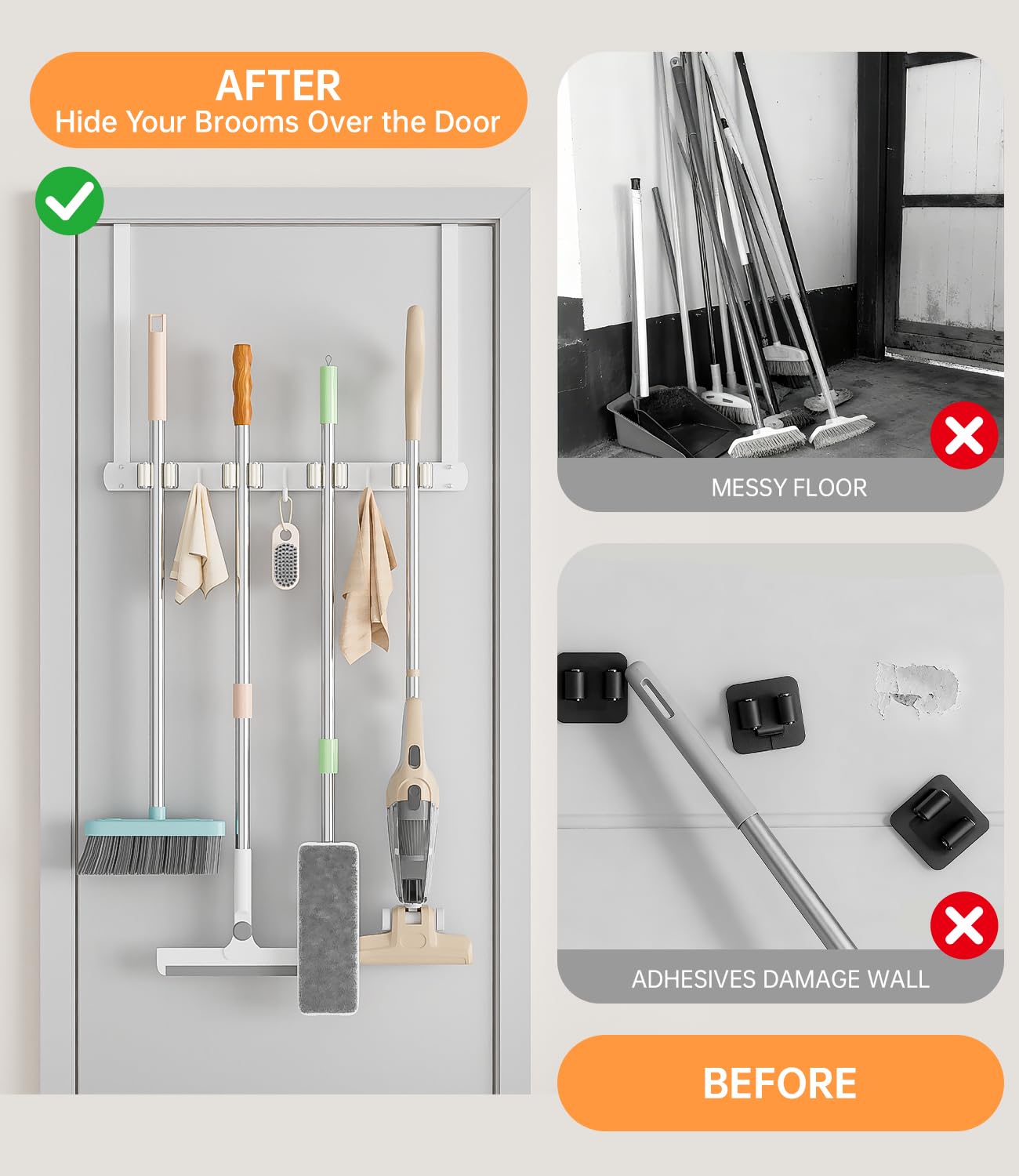 PrimZooty 304 stainless steel broom holder resists rust for lasting use.