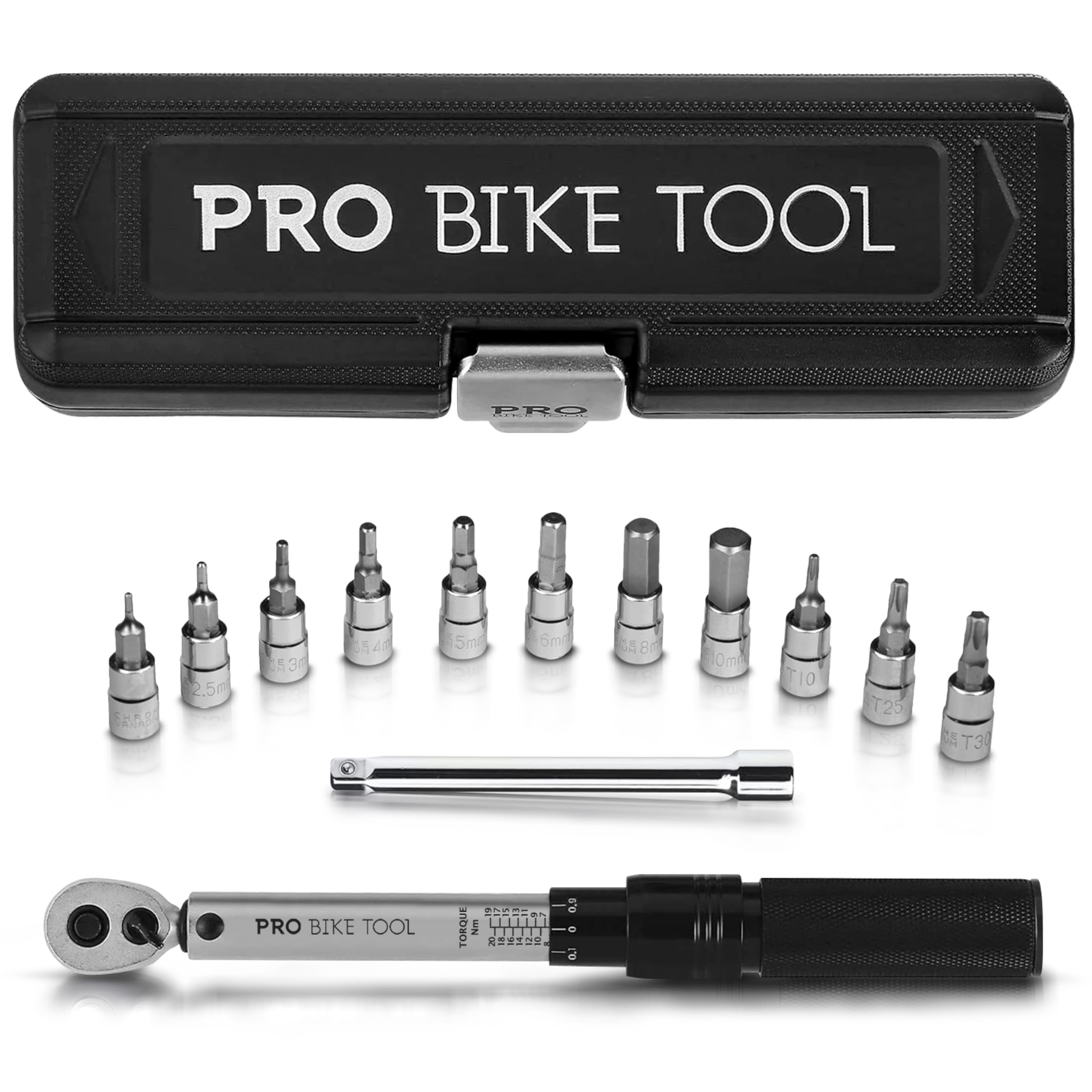 PRO BIKE TOOL torque wrench with 2–20 Nm range and precision adjustment.