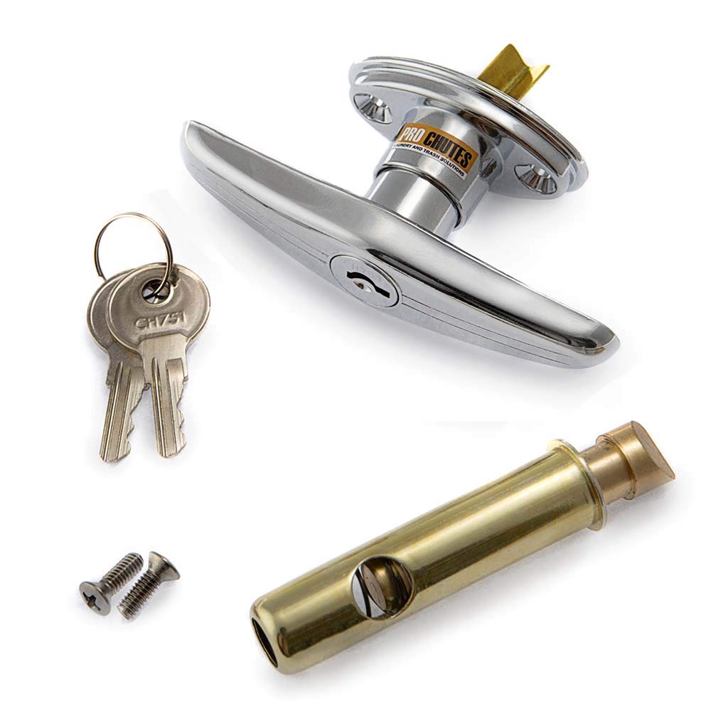 Pro Chutes chrome T-handle with V-spindle close-up showing sturdy steel construction.