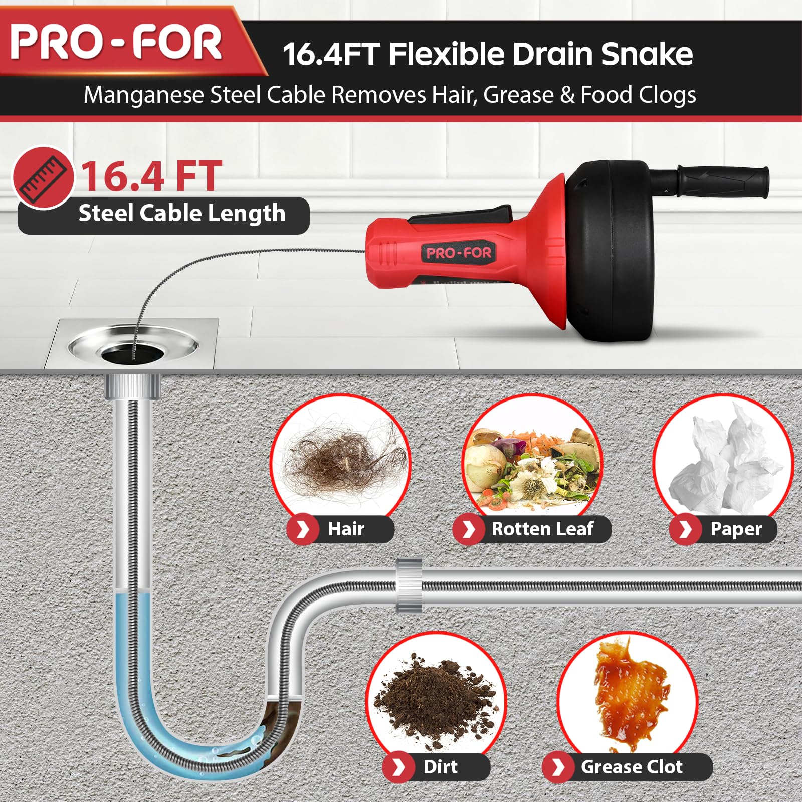 PRO-FOR Drain Auger with drill adapter ready for faster clog removal
