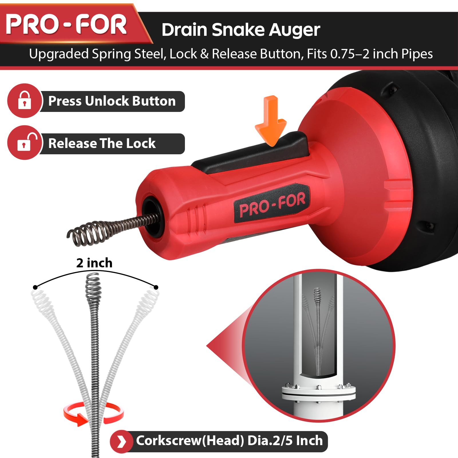 PRO-FOR Drain Auger flexible cable reaches deep blockages
