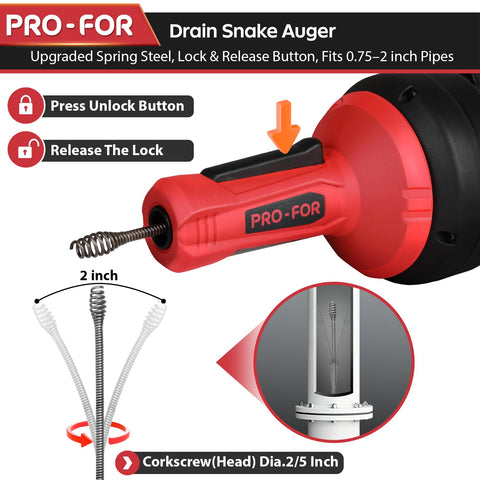 PRO-FOR Drain Auger flexible cable reaches deep blockages