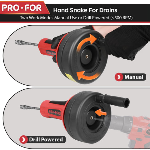 PRO-FOR Drain Auger removes hair and grease clogs with a corkscrew head