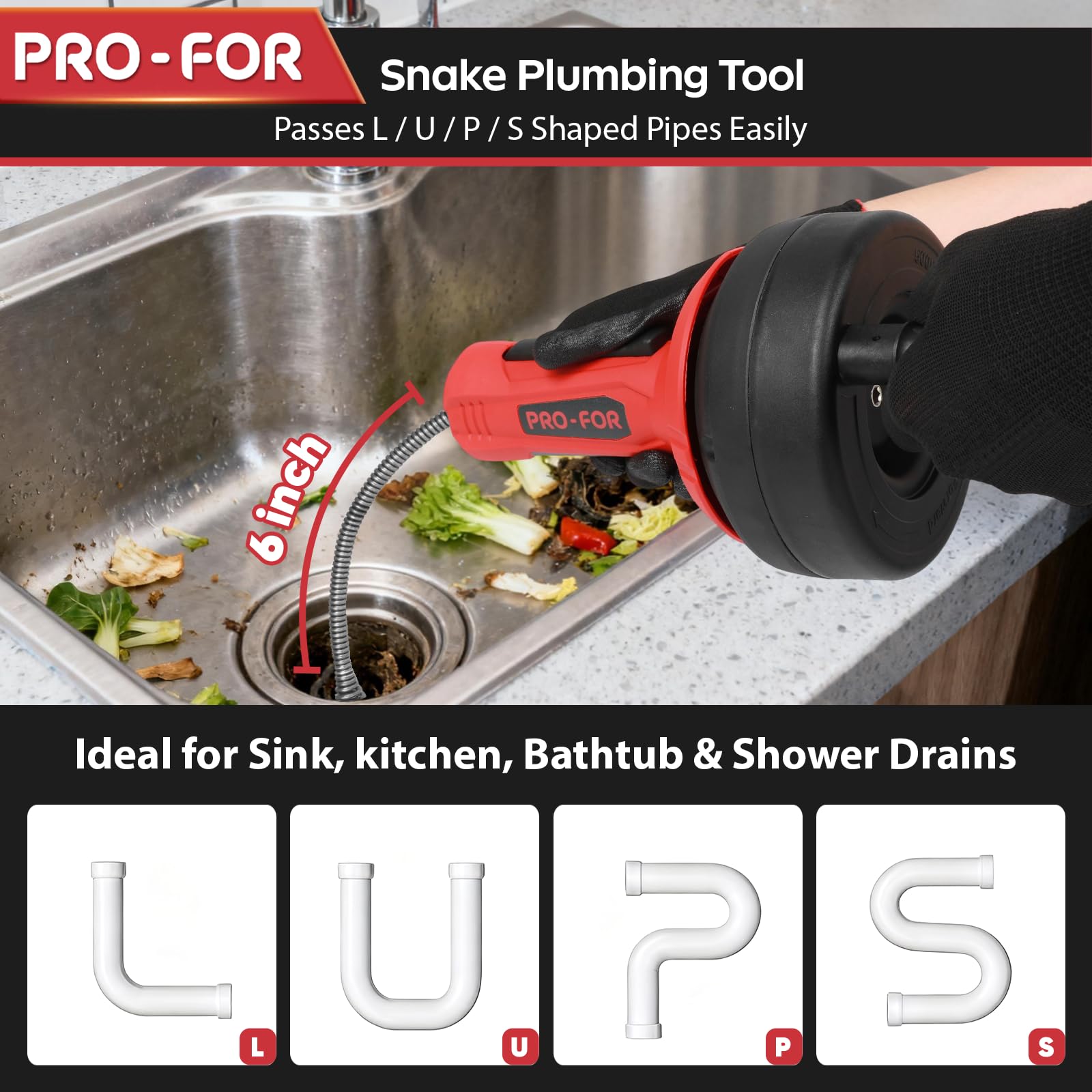 PRO-FOR Drain Auger fits 0.75–2 inch pipes for kitchens and bathrooms