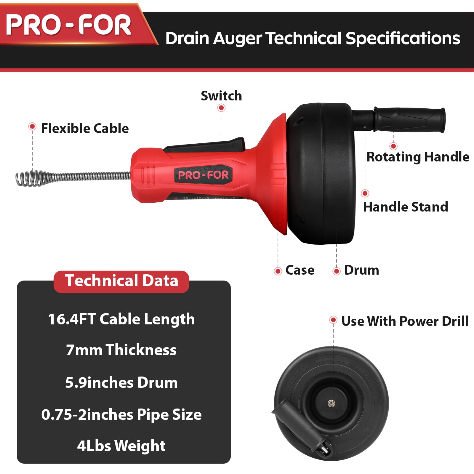 PRO-FOR Drain Auger safe for PVC and metal pipes, no harsh chemicals
