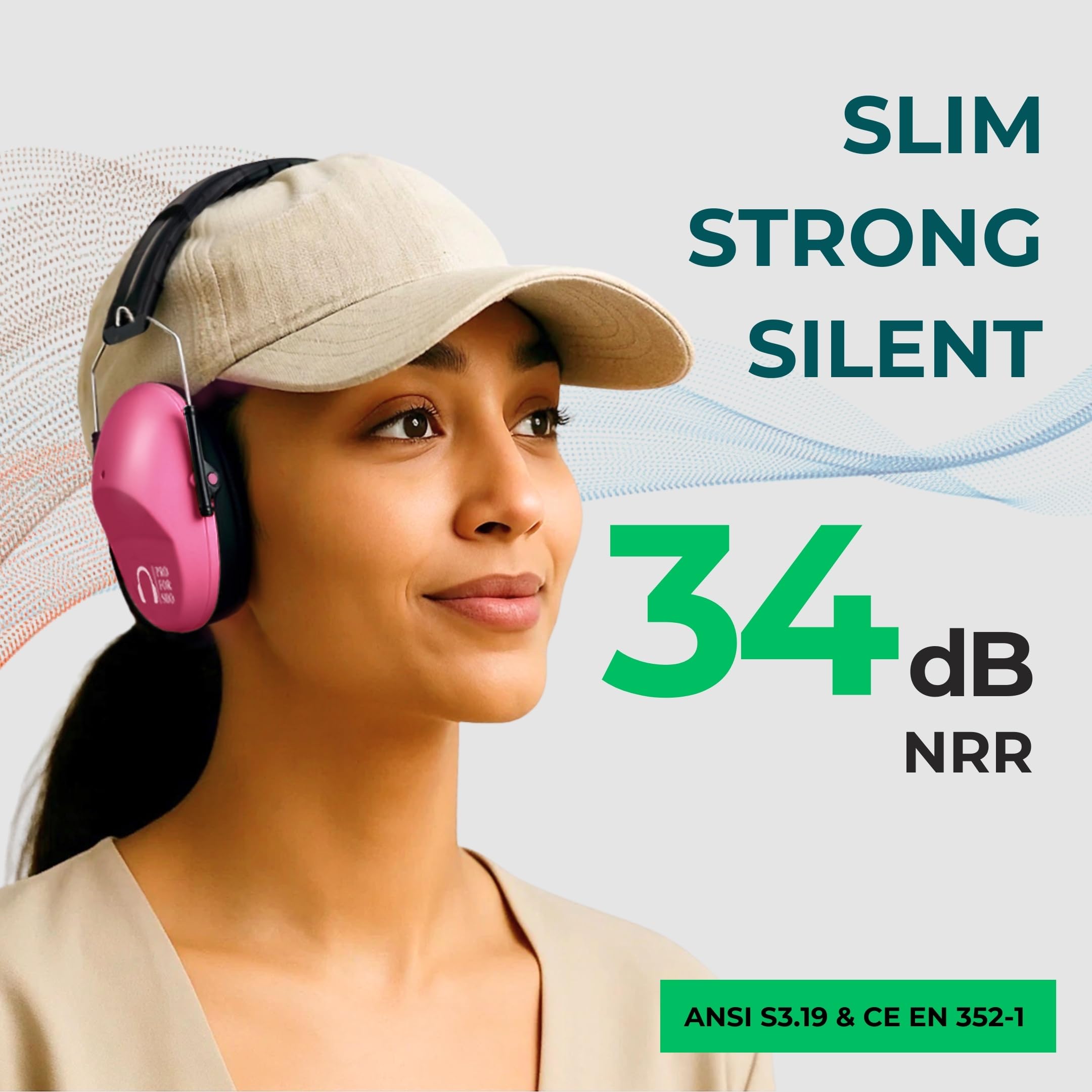 Pro For Sho pink ear muffs worn on headband for compact protection at events