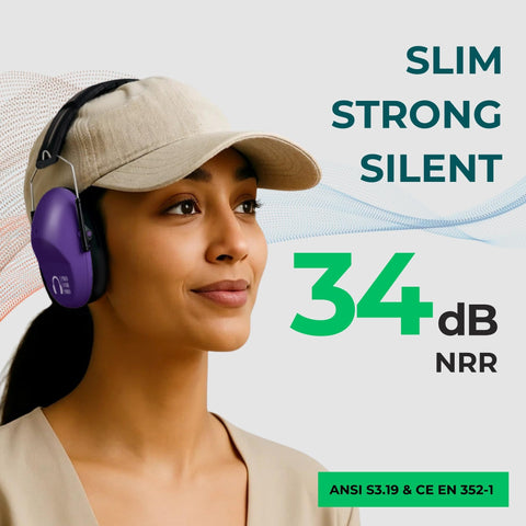 Pro For Sho purple ear muffs worn on head reduce noise with comfortable wear