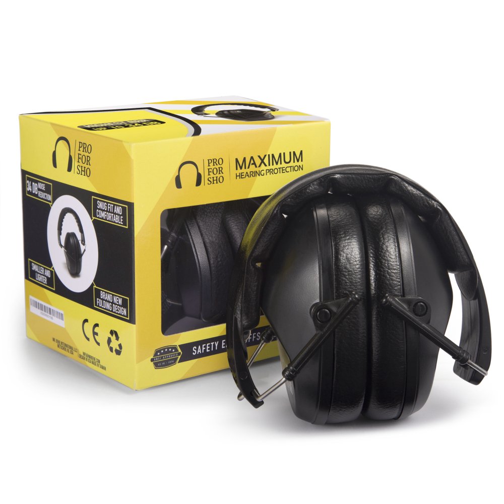 Pro For Sho 34dB NRR ear muffs close-up, slim protection for loud environments.