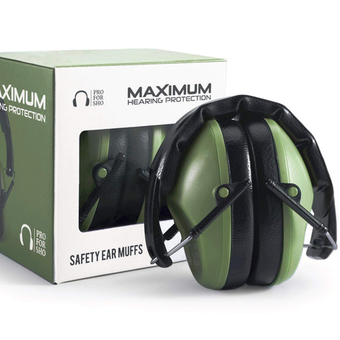 Pro For Sho 34dB NRR earmuffs folded for compact transport and ready protection.