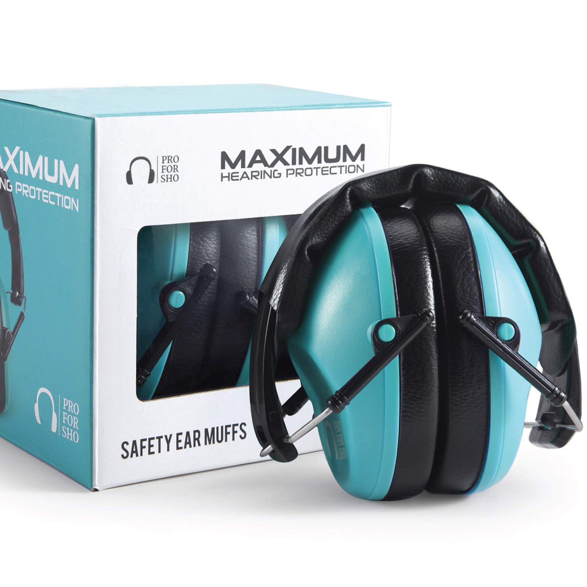Pro For Sho teal 34dB NRR earmuffs folded for travel protection.