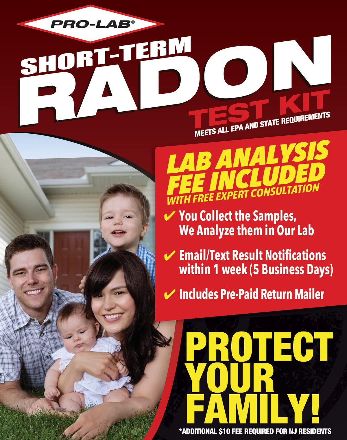PRO-LAB Radon short-term test kit showing two detectors for simultaneous readings in a home