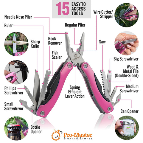 PRO-MASTER Smart & Simple pink 15-in-1 multitool knife blade ready for precise cuts.