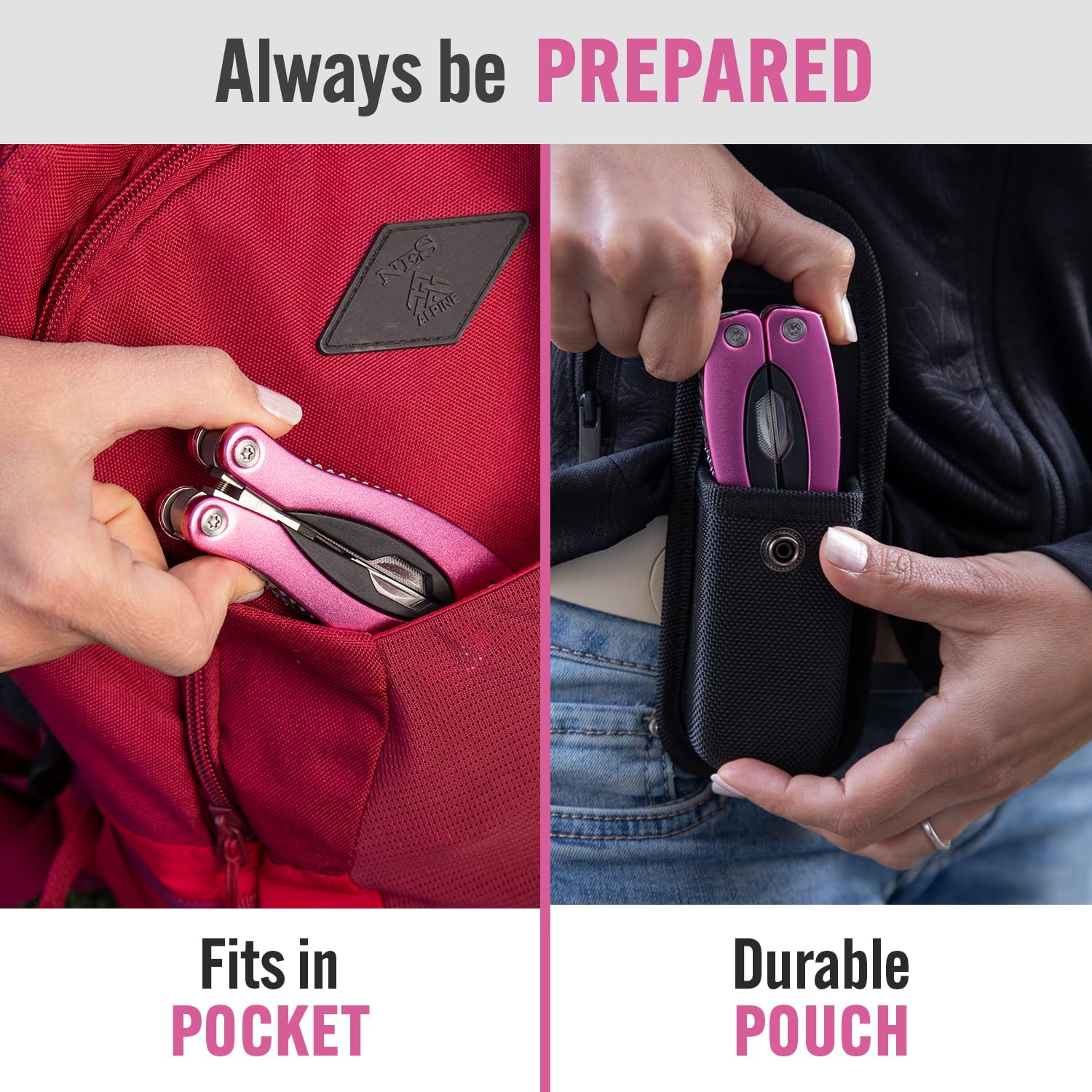 PRO-MASTER Smart & Simple pink 15-in-1 multitool opened to reveal its full tool assortment.