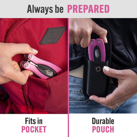 PRO-MASTER Smart & Simple pink 15-in-1 multitool opened to reveal its full tool assortment.