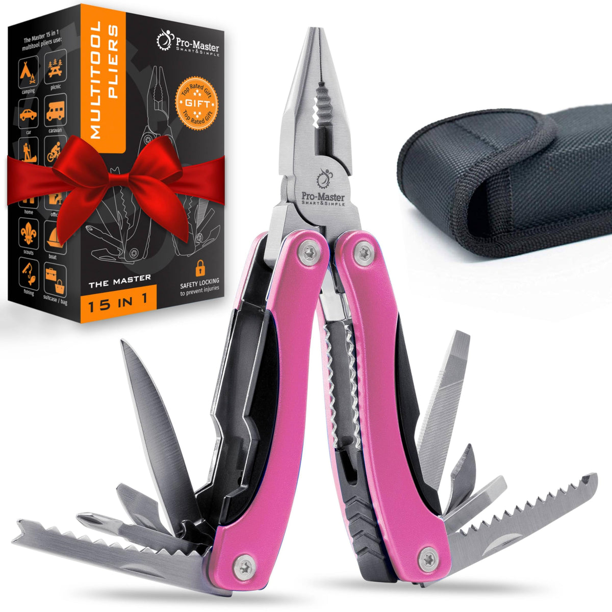 PRO-MASTER Smart & Simple pink 15-in-1 multitool with locking pliers, ideal for DIY quick fixes.