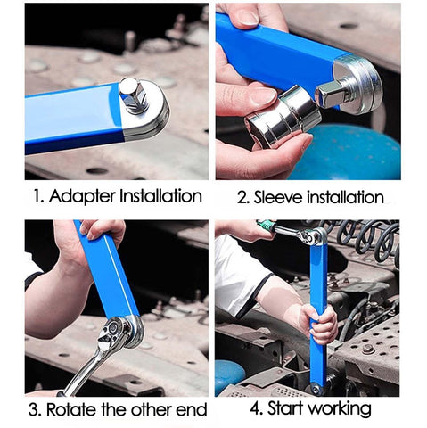 Pro Offset Extension Wrench includes four adapters for quick drive changes.