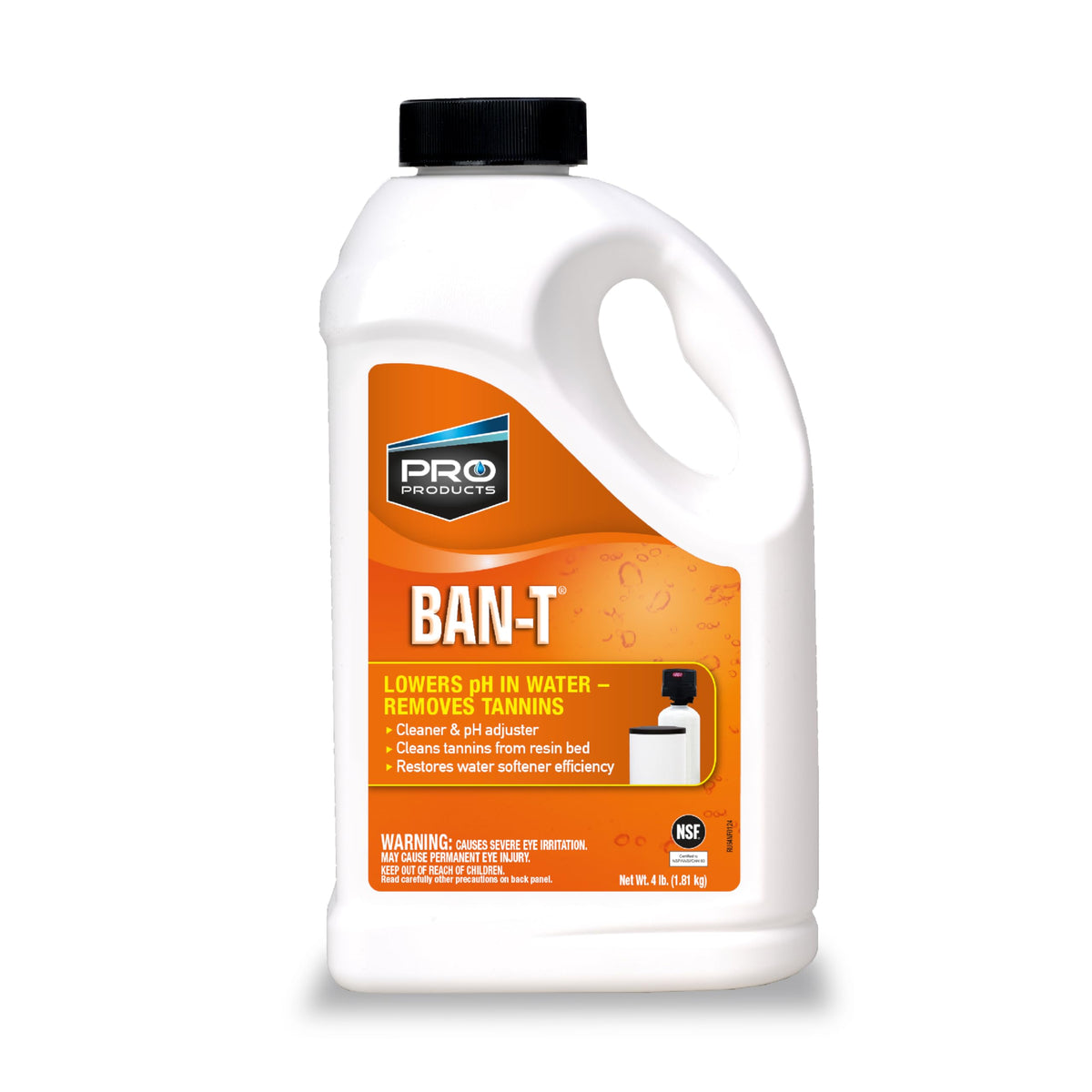 Pro Products Ban-T bottle pour demonstrates alkaline neutralizer reducing mineral buildup.