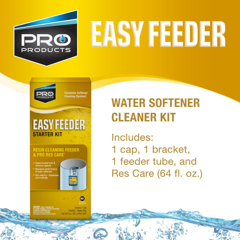Pro Products Res Care cleaner near the brine tank supports resin bed maintenance.