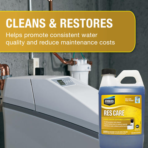Pro Products Res Care resin bed restoration visual shows cleaner soft water performance.