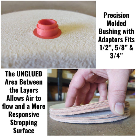 Pro Sharpening Supply leather honing wheel with injection-molded bushing detail