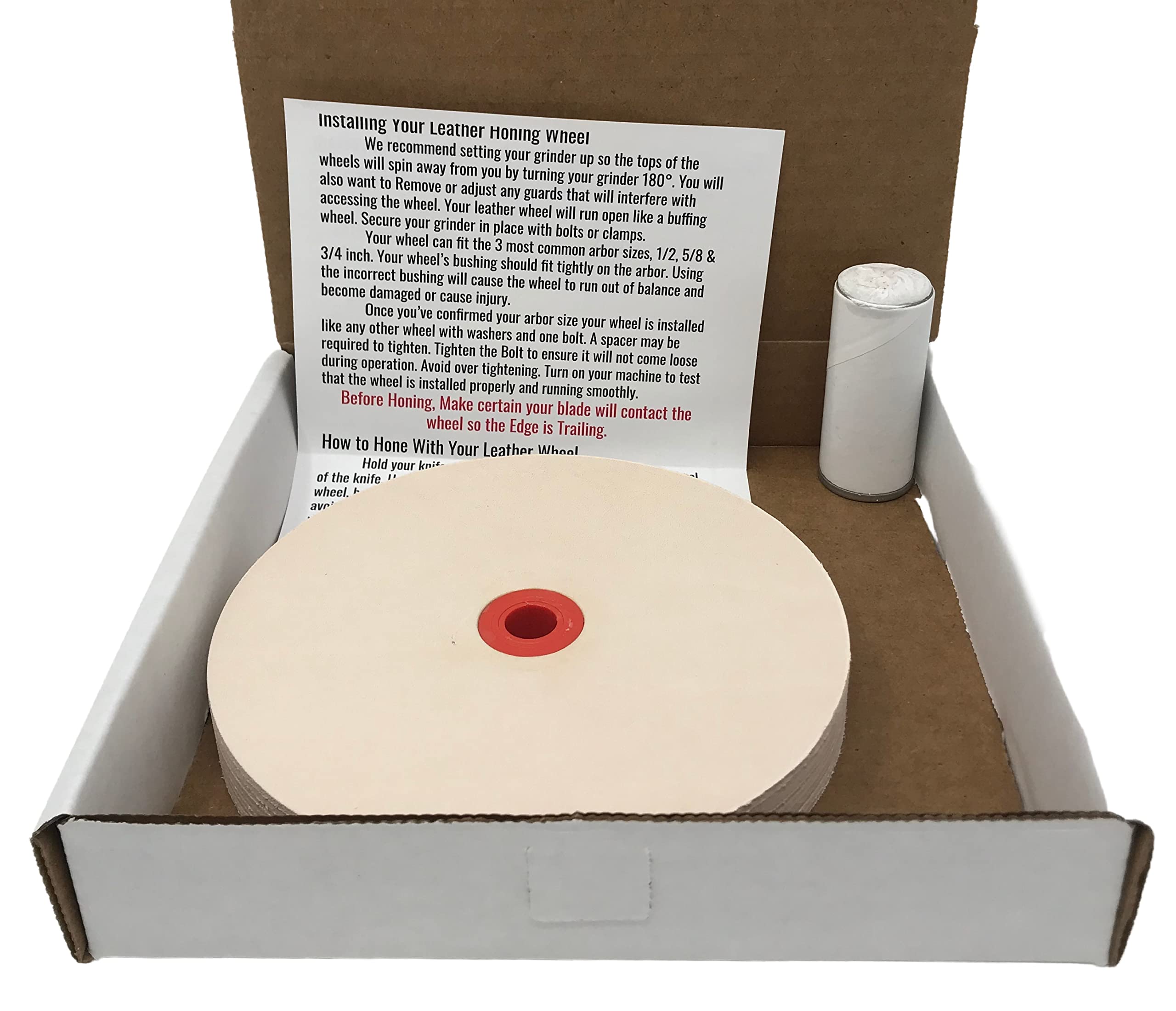 Pro Sharpening Supply leather honing wheel with compatible bushings for 1/2, 5/8, and 3/4 arbors