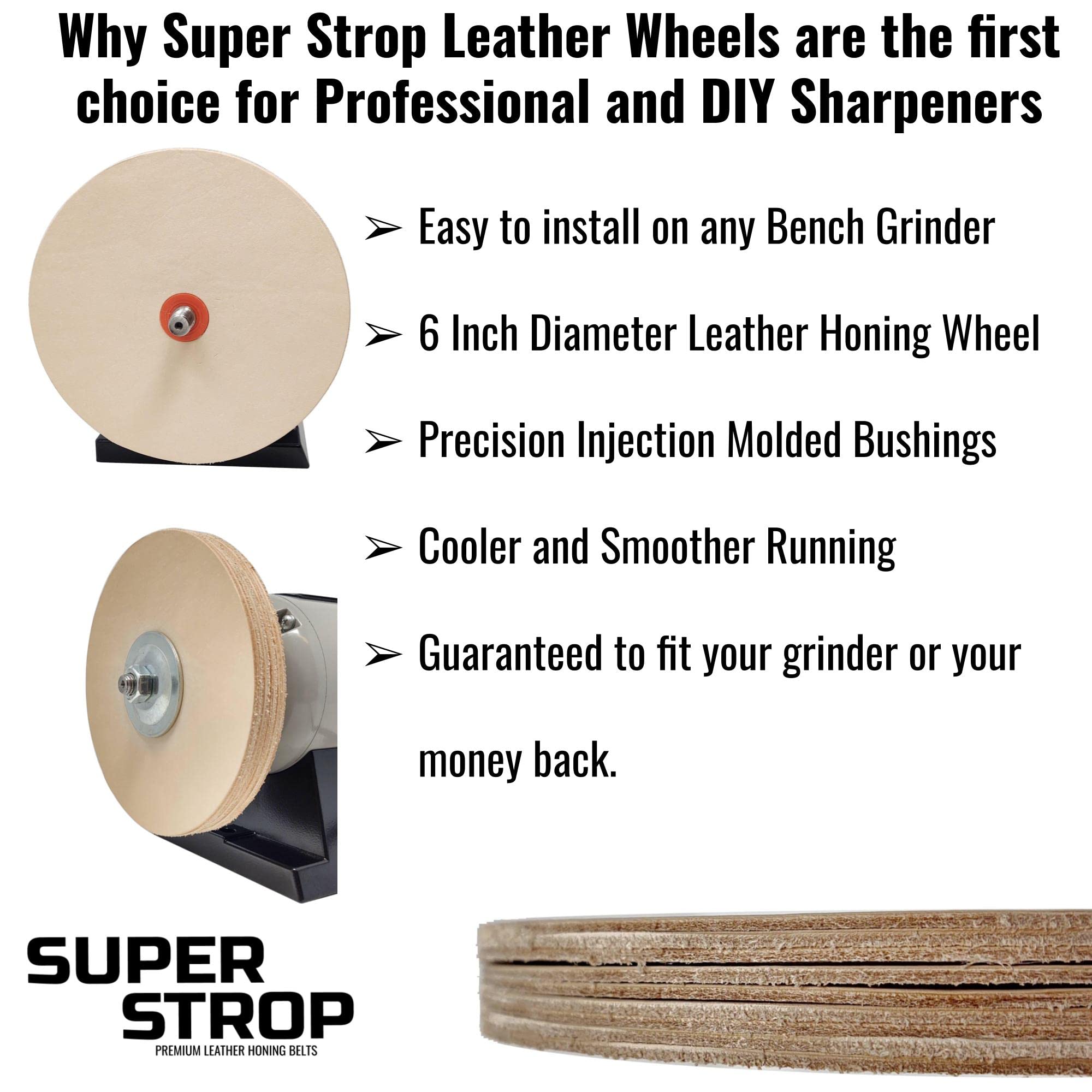 Pro Sharpening Supply leather honing wheel demonstrates airflow between unglued layers for cooler performance