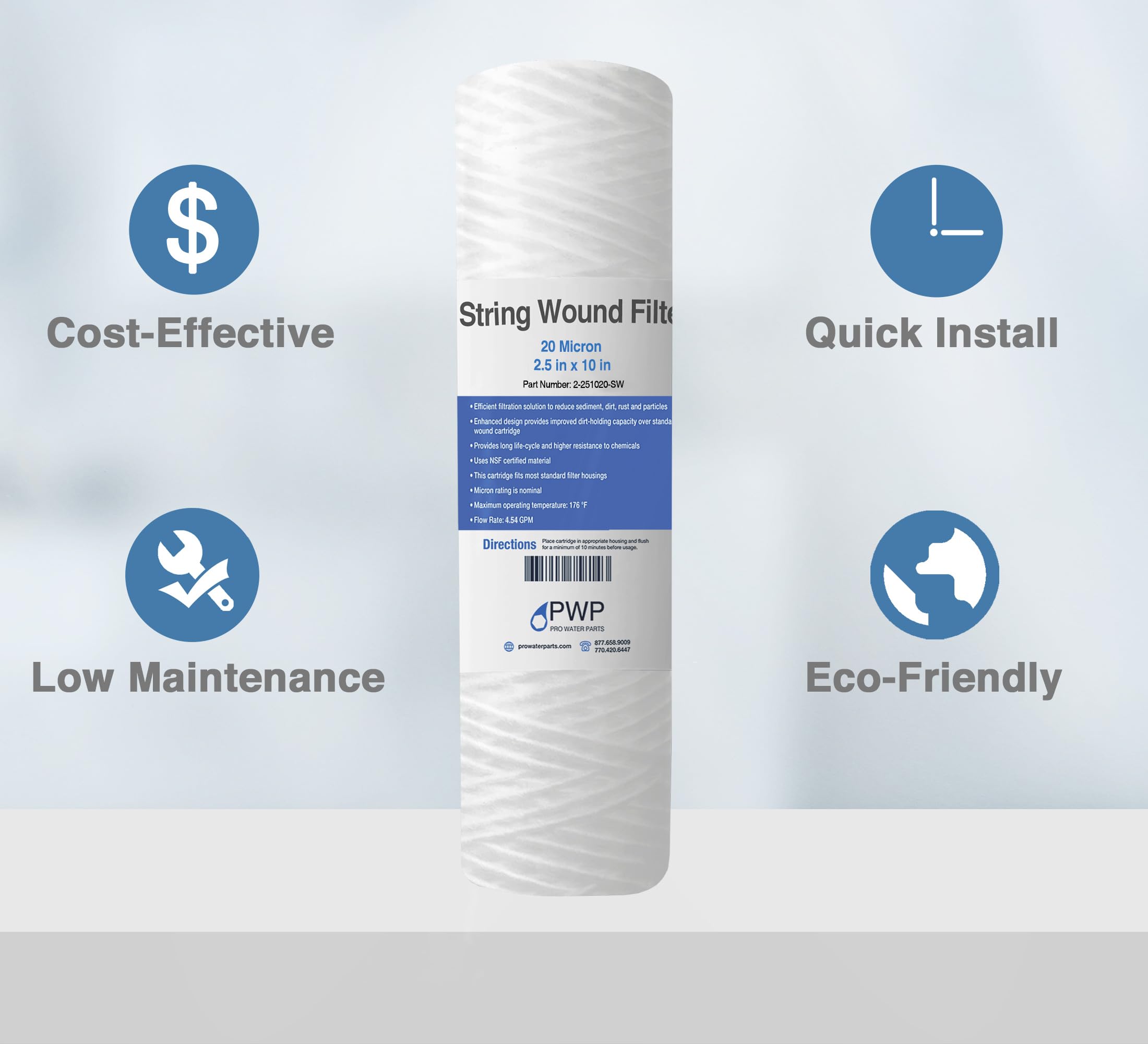 Pro Water Parts sediment wound filter 2.5x10 side view highlights larger filtration surface area