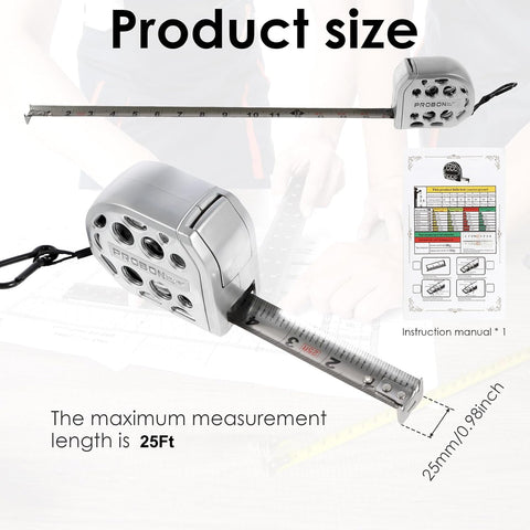 PROBON 25ft tape measure with high-definition scale for precise inside and outside readings